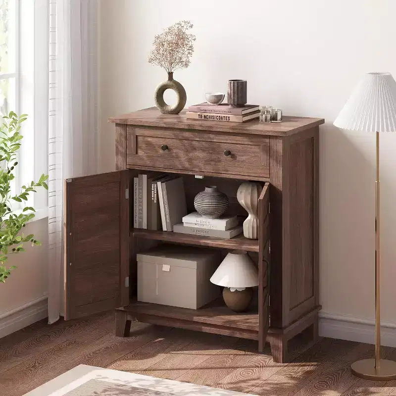 31.5 Rustic Storage Cabinet, with Slatted Doors, 3-Tier Adjustable, Double Door Locker, for Kitchen, Dining Room, and Home Office