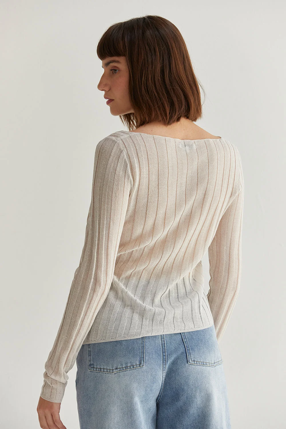Long Sleeve Semi-Sheer Ribbed Knit Boat Neck Top
