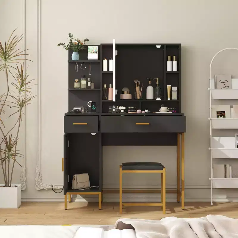 Makeup Vanity Table with Lighted Mirror, Charging Station, Stool, Drawers and Cabinet - Bedroom