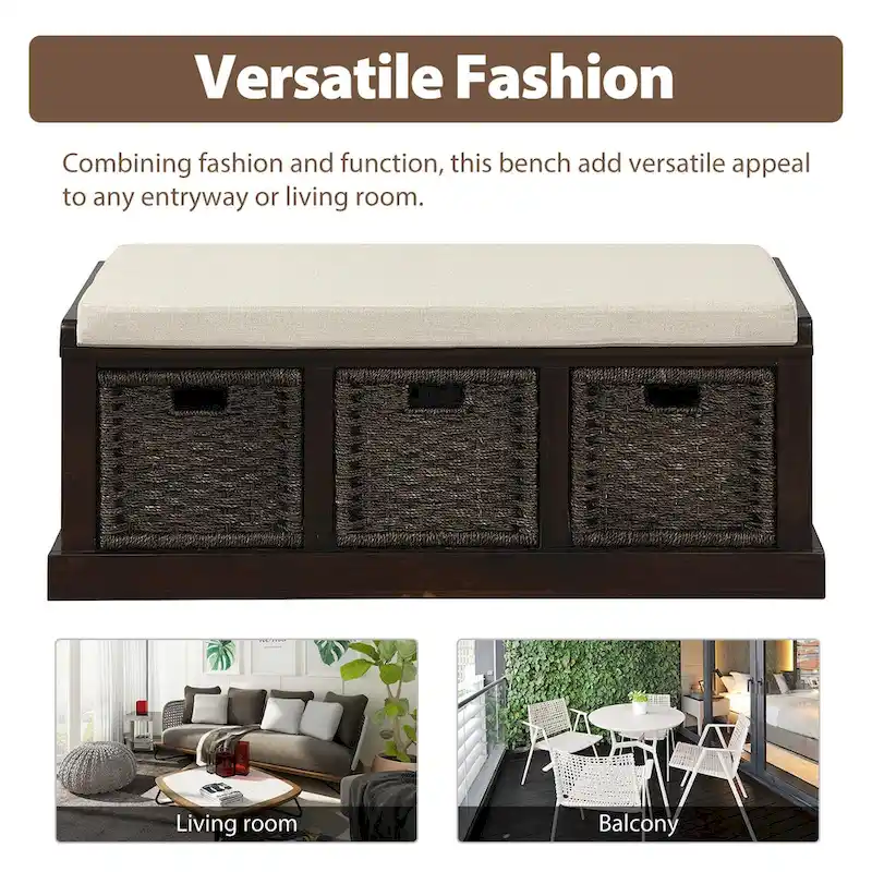 Entryway Bench with 3 Removable Rattan Baskets