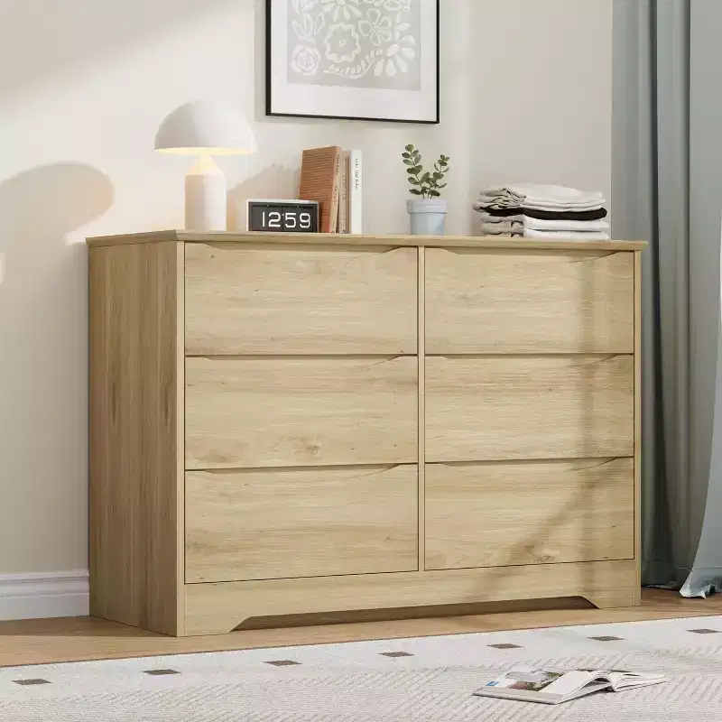 Wooden Dresser with 6 Drawers, Tall Modern Closet with Deep Storage, Large Chest of Drawers with Wide Top, Long Storage Dresser for Bedroom