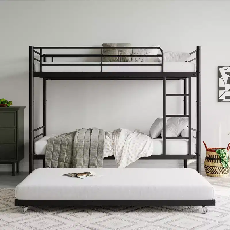 Twin over Twin Bunk Bed with Trundle, Metal Frame with Ladder and Guardrails