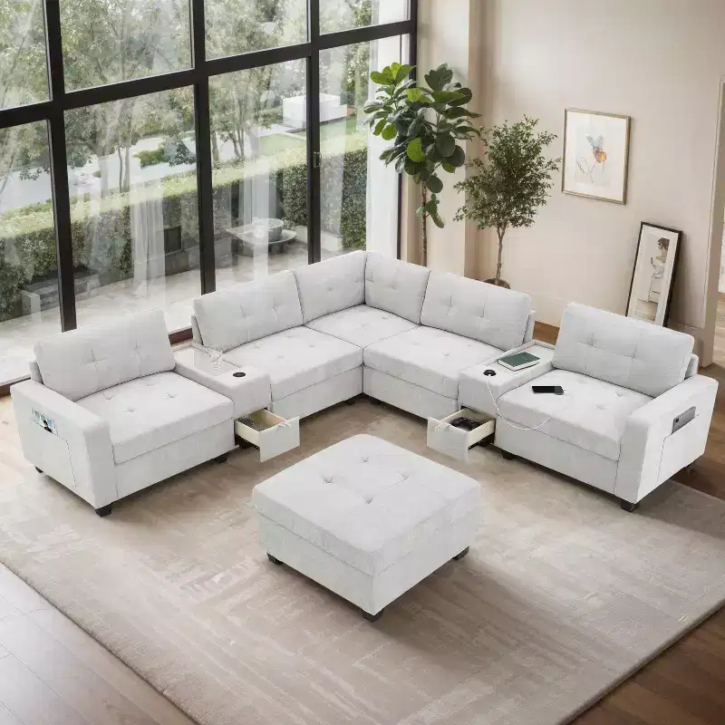 104 W 6-Seat Chenille U-Shaped Sectional Sofa with USB Charger, Storage Drawers, Acrylic Table, and Movable Ottoman