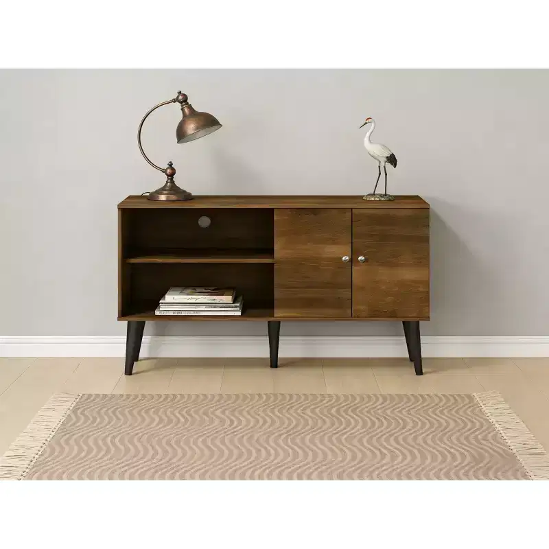 JVNOXK 47.3-inch Modern Living Room Entertainment Center, suitable for TVs under 50 inches, featuring 2-tier storage shelves and 1 cabinet, Brown