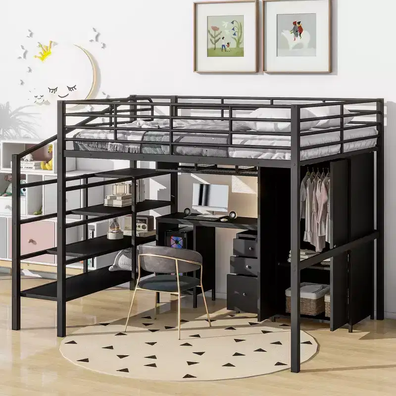Whisen 56''L x 92.7''W Morden Design Full Size Metal Frame Loft Bed with Desk and Wardrobe