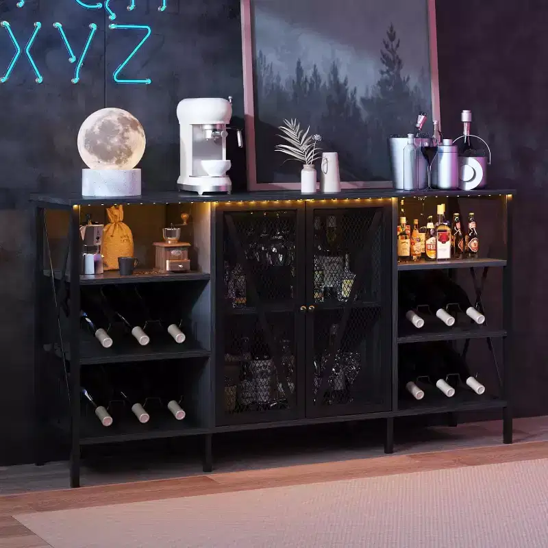 55 Wine Bar Cabinet, Modern Liquor Cabinet Station with Wine Rack & Mesh Door, Kitchen Sideboard Buffet Cabinet for Living Room, Kitchen, Entryway