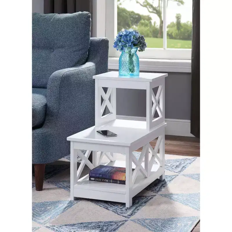 HomeStock Belmont 2 Step Chairside End Table with Chic L Shape Design and X Frame Sides, Multi Tier Storage Shelves for Living Room or Den Use