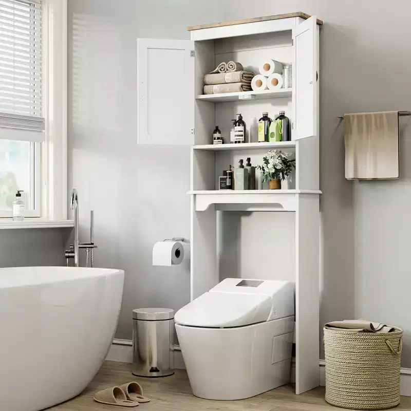 Over The Toilet Storage Cabinet, 66 in Bathroom Space Saver Organizer with Double Doors & Adjustable Shelves Free Standing Toilet Shelf for Bathrooms