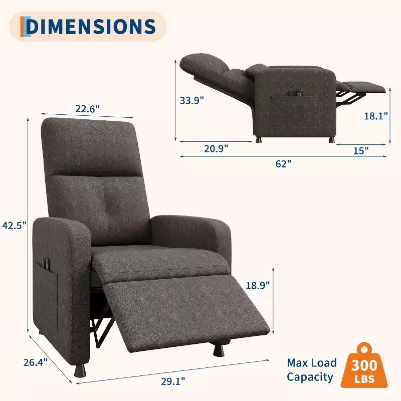 Power Recliner Chair with Massage & Heat, USB Port, 2 Side Pockets
