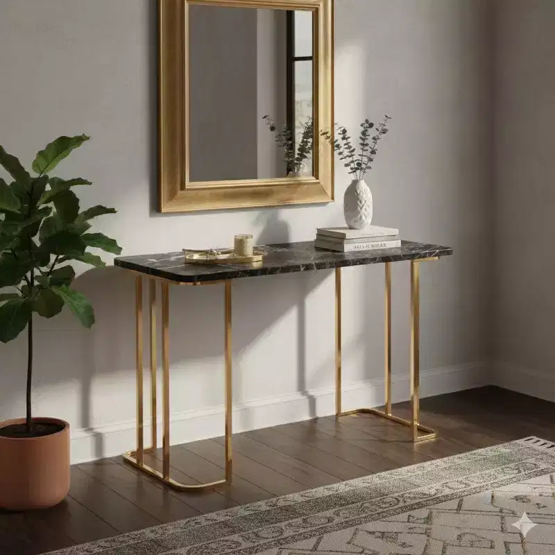 Royal Hampton 47 Inch Desk, USB Power Outlet, Gold Metal Legs, Black Faux Marble