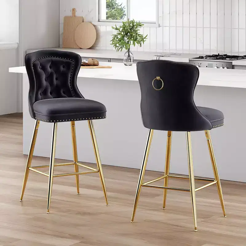 TUYOHW Bar Stools Set of 2,Velvet Counter Height Barstools with Button Tufted,Nailheads Trim,Wingback Chairs for Kitchen Island,Dining Room