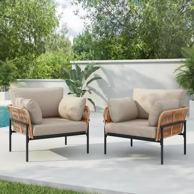 Set of 2 36-Inch Beige and Light Wood-Tone Rope Iron Lounge Chairs with Cushions, for Modern Decor