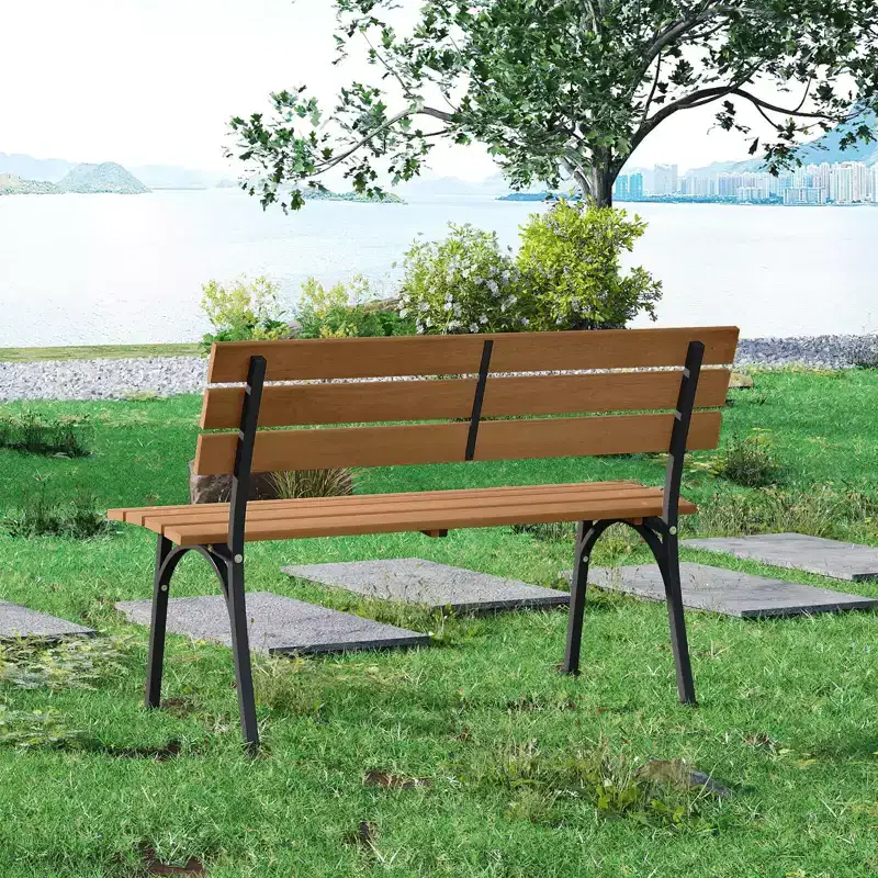 Costway Acacia Wood Patio Loveseat with Heavy Duty Metal Frame, Slatted Backrest and Seat Natural + Black