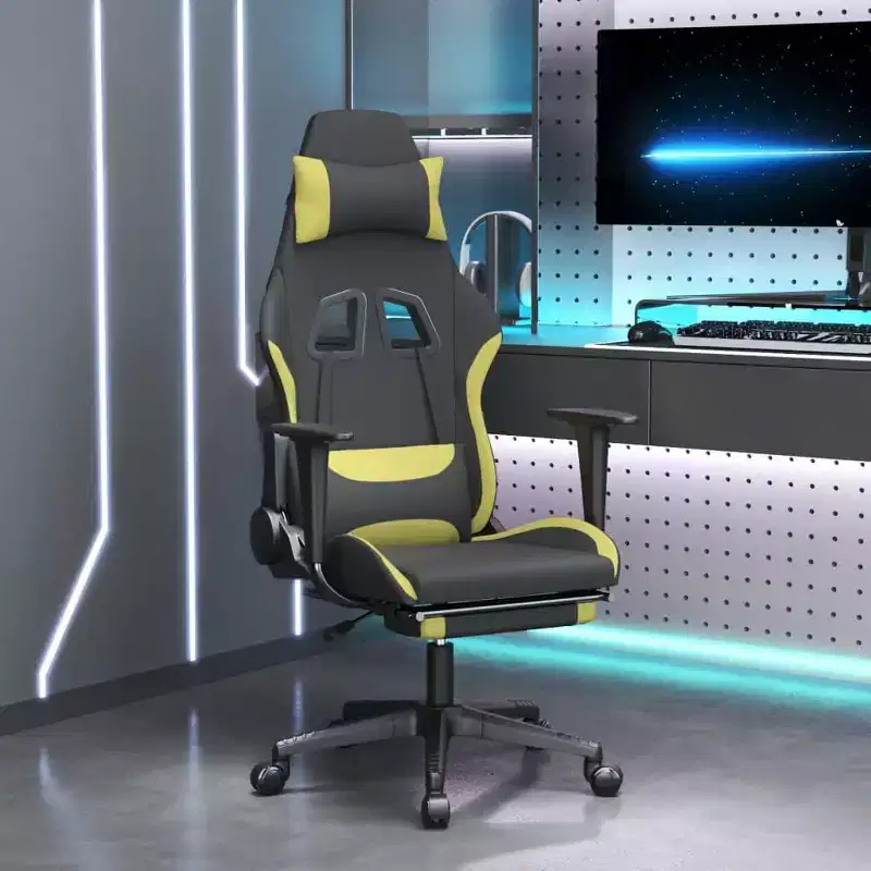 vidaXL Massage Gaming Chair with Footrest, Black and Light Green, Fabric
