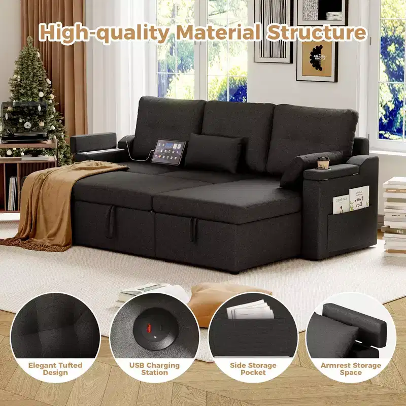 GustoWave Reversible Sectional Sofa Couch, 80 Sleeper Sofa Bed, L Shaped Couch with Pullout Bed for Living Room, Hidden Storage