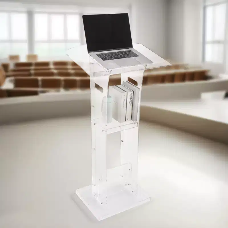 Podium Stand, 43-Inch Acrylic Lectern, Portable Laptop Desk with Wide Reading Surface and Storage Shelf, Book Stopper, Transparent