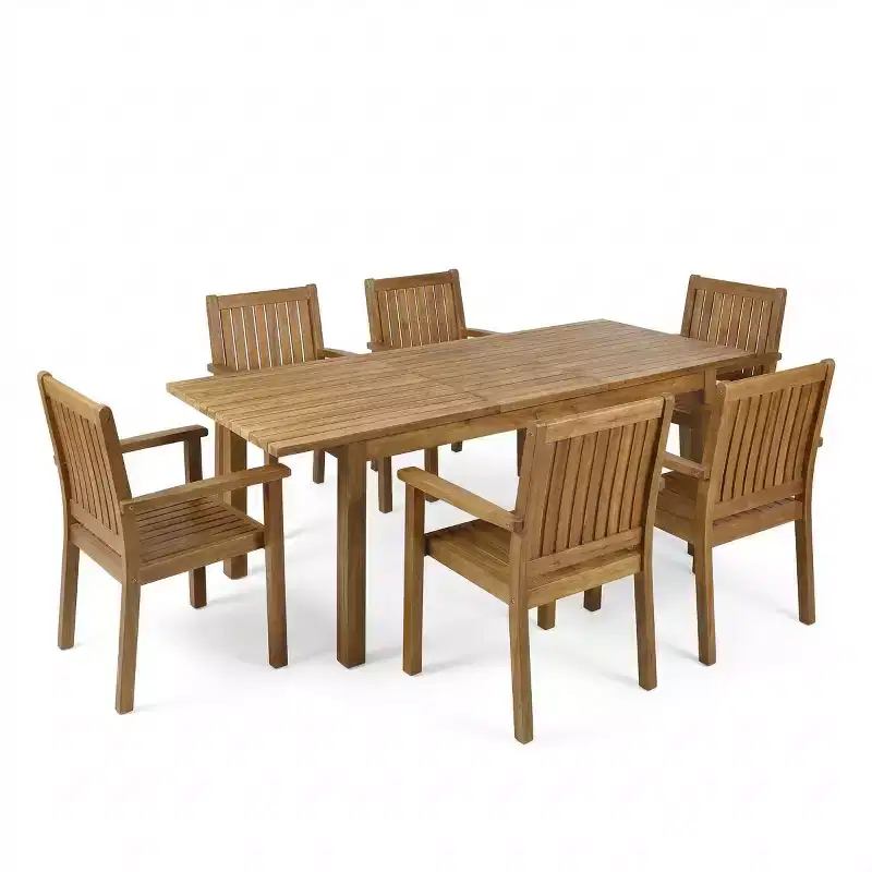 Modern 7-Piece Extendable Outdoor Patio Dining Set with Acacia Wood Table and 6 Chairs, Expandable Dining Furniture for Backyard-Panipeachy
