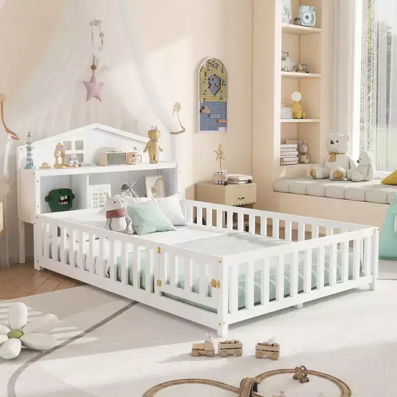 Full Size Montessori Floor Bed with Bookcases, Blackboards and Storage Headboard, White
