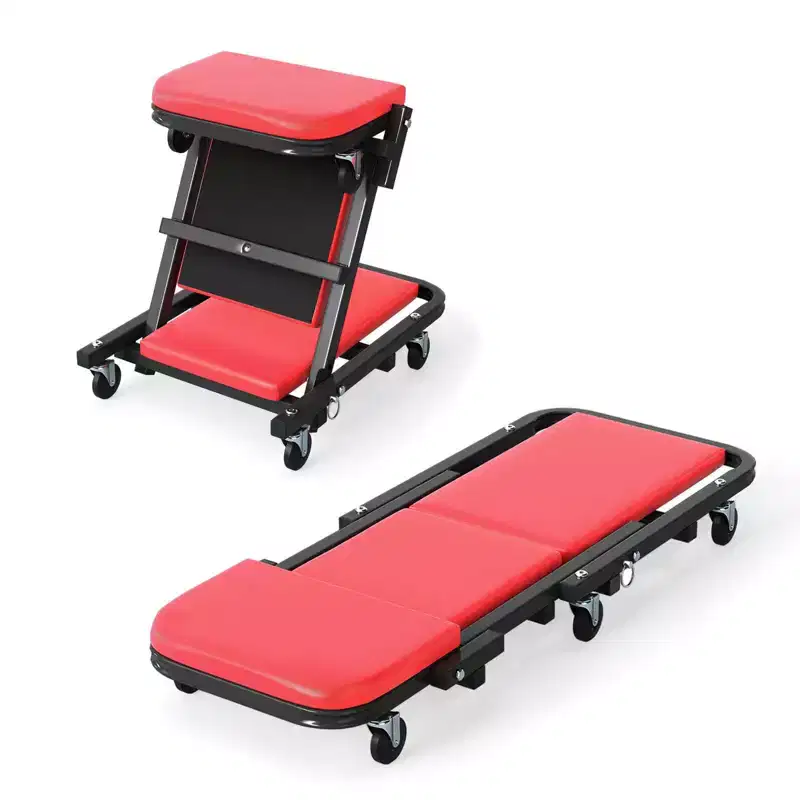 Rolling Folding Z Creeper Seat with 6 Swivel Casters, Heavy Duty Metal Frame Black + Red/Black