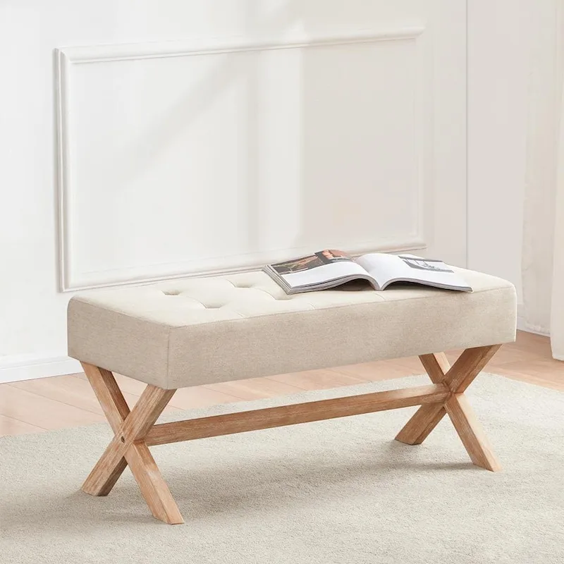 Fabric Entryway Bench Beige/ Grey/ White Upholstered Bench with X-Shaped Legs, 35-inch