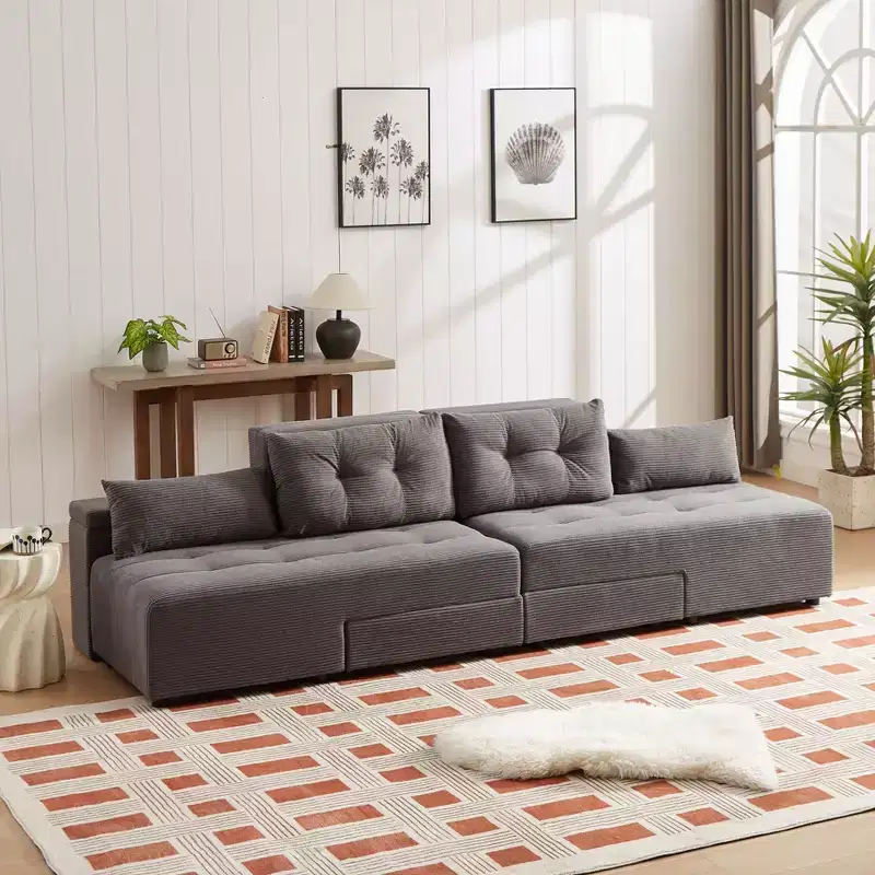 3-in-1 Convertible Sleeper & Sectional Sofa with 4 Storage Compartments for Living Room - Corduroy with 4 Pillows