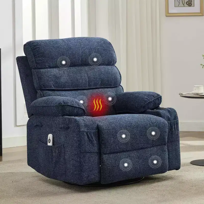 Rocker Recliner, 360 Swivel Linen Glider Chairs, Side Pocket & 2 Cup Holders, for Living Room, Bedroom