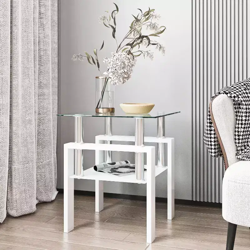 17.72 Transparent White Tempered Glass Coffee Table, Square 2-Tier End Table with Metal Legs for Living Room Bedroom
