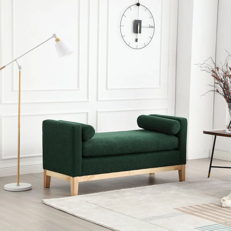 Upholstered Bench Wood Legs and Bolster Pillows