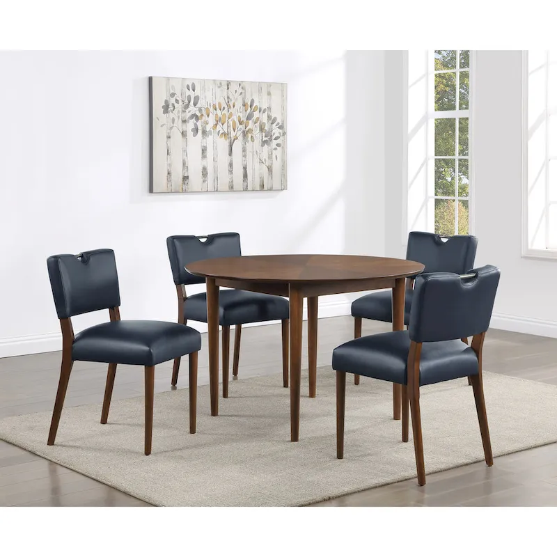 Velvet & Faux Leather 5-Piece Round Dining Set, Seats 4 – Walnut Finish