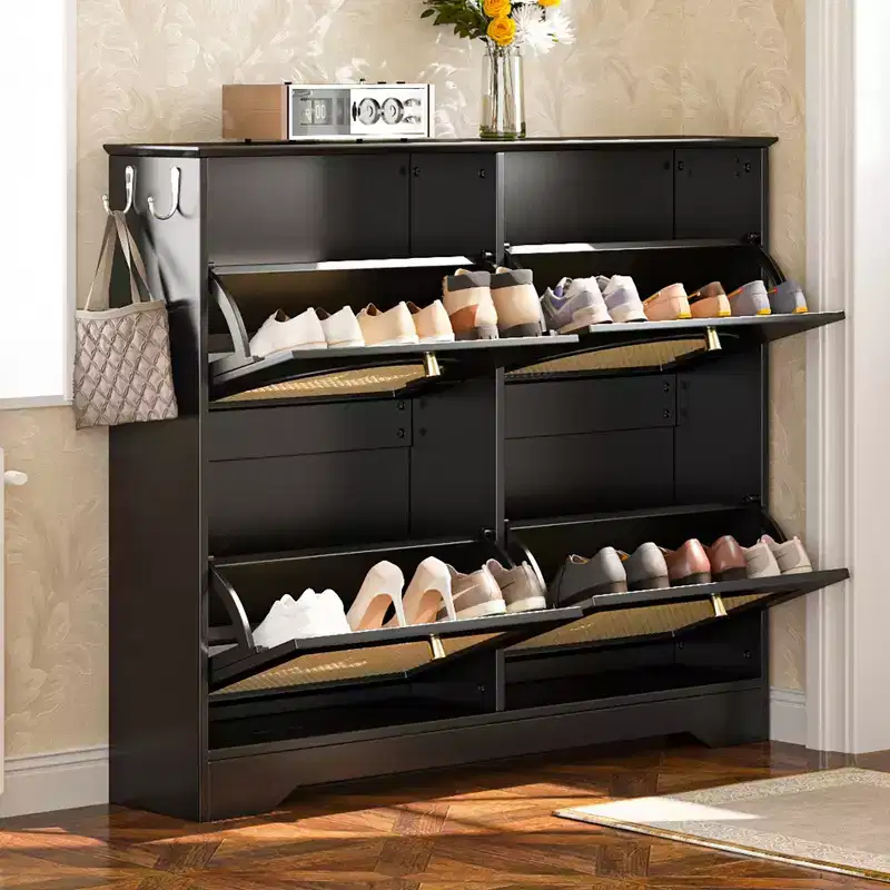 JVNOXK Mid-Century Narrow Shoe Cabinet with 4 Flip Drawers Rattan Doors, Tipping Bucket Shoe Organizer with 2 Hooks for Entryway Hallway Black