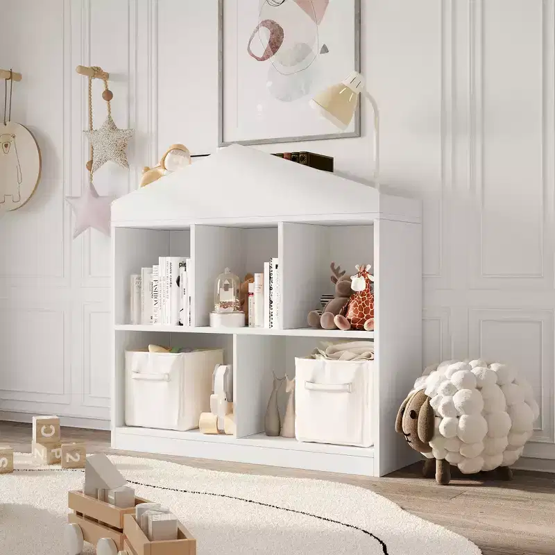 Kids Bookshelf White Toy Storage Organizer 5-Cubby Bookcase Toddlers Playhouse Cabinet Shelf Wooden Cubby Storage