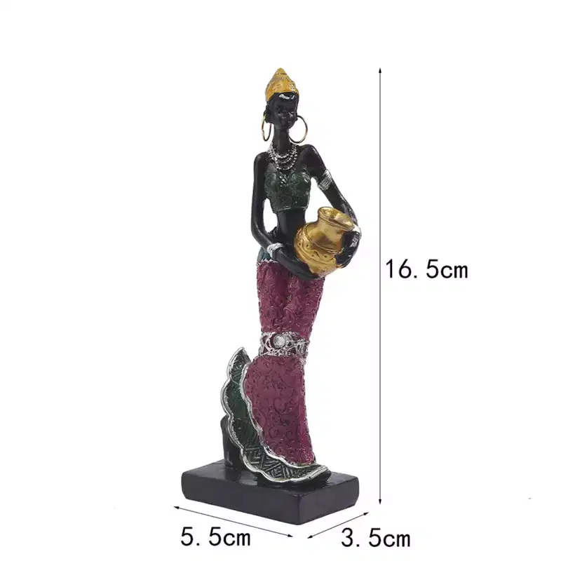 Exotic African Lady Resin Figurine 16.5cm Handcrafted Sculpture in Floral Attire with Golden Vessel