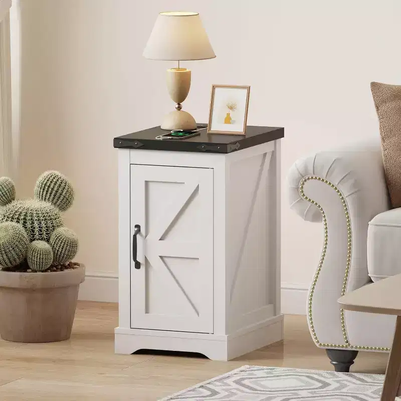 Industrial Nightstand with Charging Station, Farmhouse Bedside Table for Modern Bedroom, USB Ports & AC Outlets