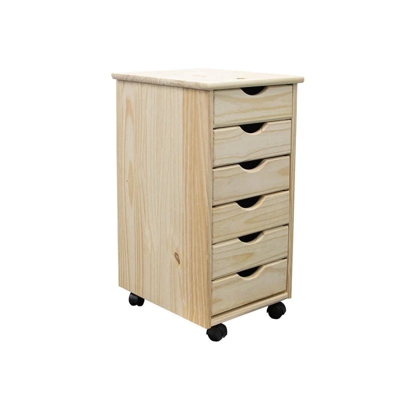 Solid Wood 6-Drawer Roll Cart with Casters – Unfinished Natural