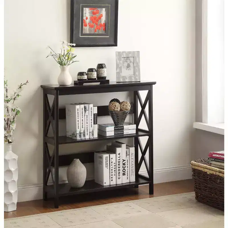 3-Tier Bookcase with X-Pattern Design, Glossy Black, 5 Shelves