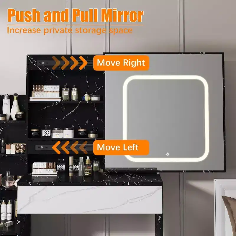 Vanity Desk with LED Sliding Mirror, 4 Drawers, Storage Shelves, Power Outlet, and StoolMakeup Dressing Table for Bedroom, 3 Color Lights
