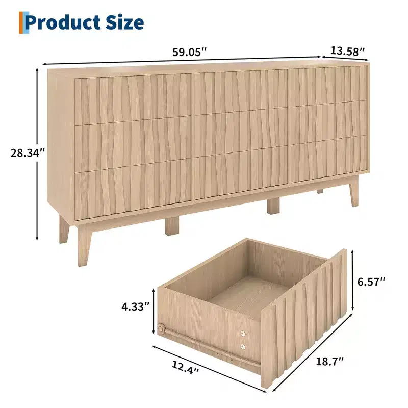 COZONY 57 Wide Fluted Dresser with 9 Drawers, Modern Wooden Storage Cabinet for Bedroom or Living Room