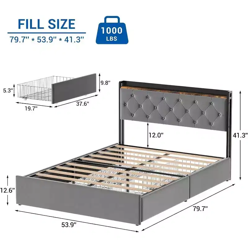 Bed Frame with Charging Station Upholstered Headboard & 4 Storage Drawers, With Wooden Slats Support, No Box Spring Needed