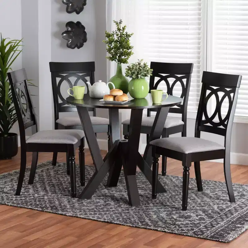 5-Piece Round Dining Set 4 Upholstered Chairs Rubberwood Cut-Out Back Foam Padded Seats