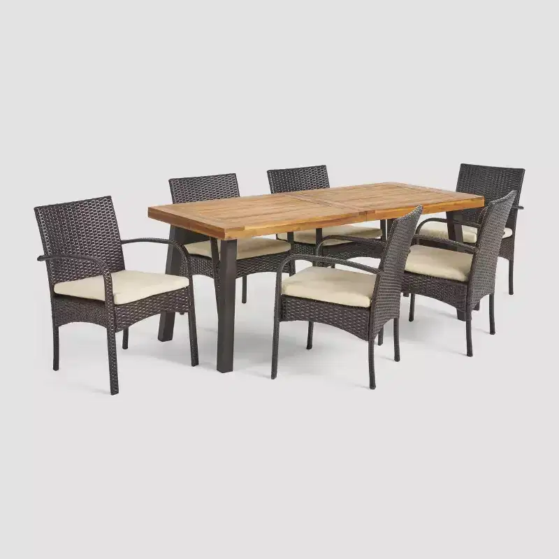 Bavaro 7pc Rectangle All-Weather Wicker and Wood Patio Dining Set - Brown/Cream - Christopher Knight Home: Galvanized Steel, Polyester Cushions