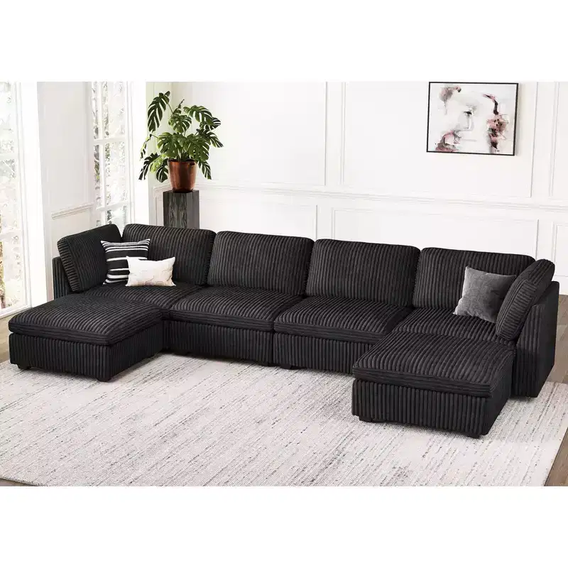 U-Shaped 6-Seater Corduroy Sectional Sofa with Storage Ottoman & Convertible Design