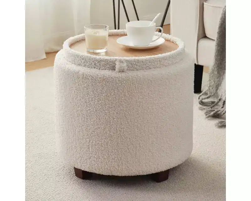 Ornavo Home Lawrence Round Boucle White Storage Ottoman with Table Top Lid