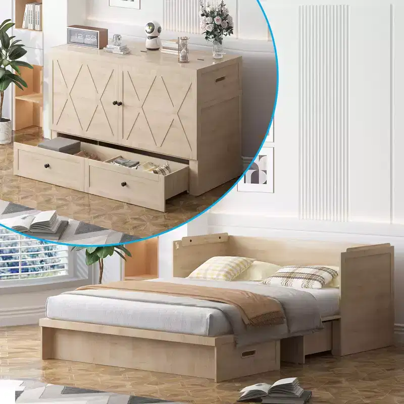 Mjkone Queen Size Murphy Bed with Charging Station & Storage Drawer,Space-Saving Design,Optional Mattress
