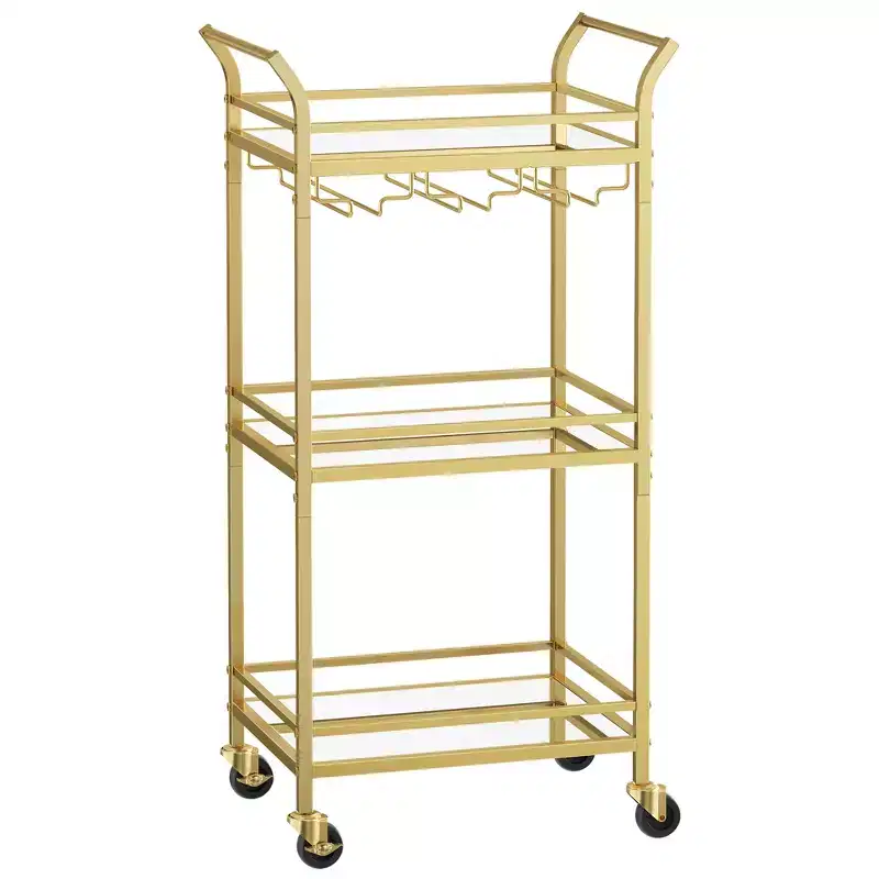 Bar Cart with 3-Tier Shelf, Wine Holders, Glass Holders, Pale Gold