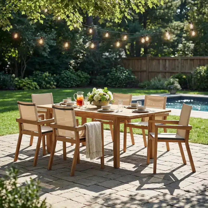 Christopher Knight Home Greii Modern 7 Piece Patio Acacia Dining Set with Expandable Slatted Table and Textile Design