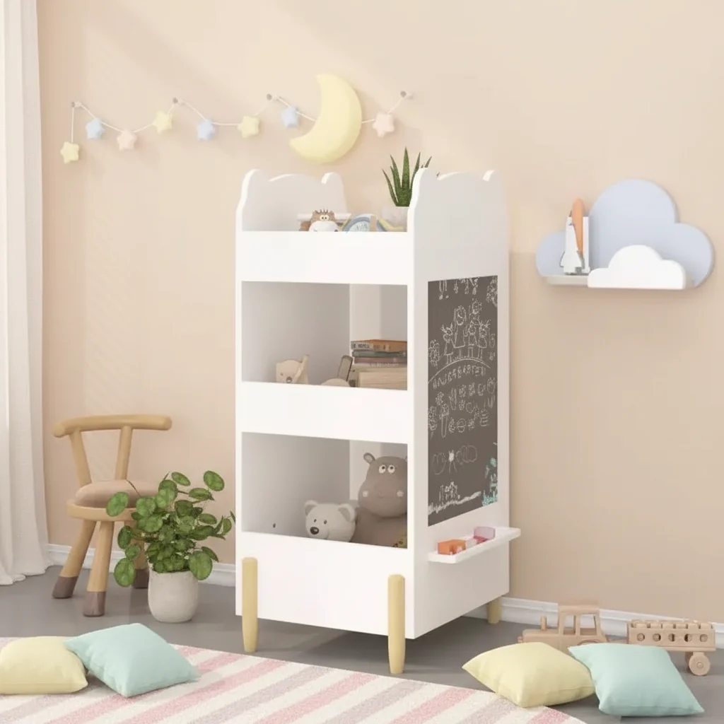 Kids Bookshelf with Chalkboard Side – Bear-Shaped Wooden Bookcase with 3-Tier Storage for Toddlers