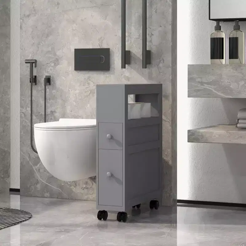 Wood Rolling Slim Bathroom Side Storage Cabinet 6.25 x 20.5 x 28.25