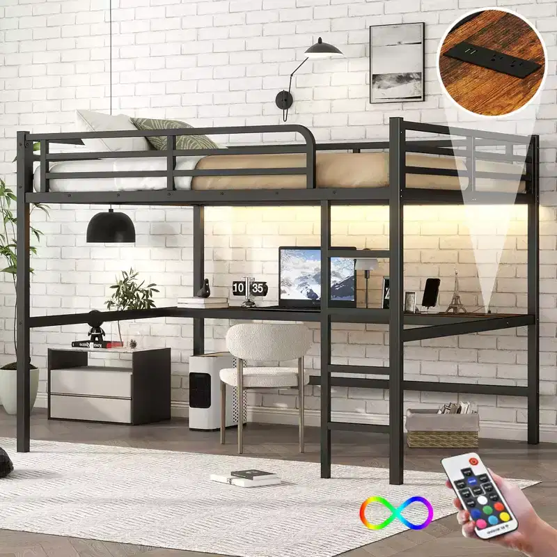 Metal Queen Loft Bed with Desk, USB Ports, Power Outlet & LED Lights, Space-Saving Noise-Free Design, Sturdy Frame, Black