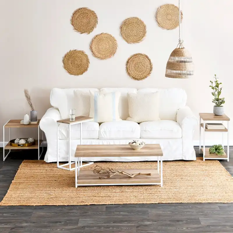 C-Shape Side Table, Faux Stone Top, Black Frame, Space-Saving Design