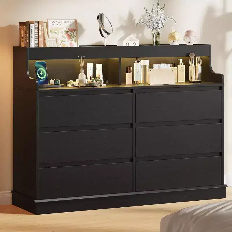 Acekool 6 Drawer Dresser with Power Station, Modern Wide Chest with Storage Shelf, Bedroom Organizer for Living Room, Hallway